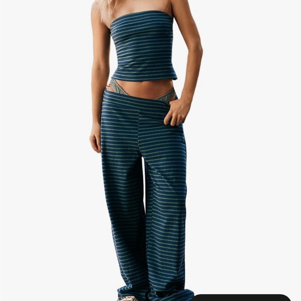 Striped Wide Leg Pants - Blue